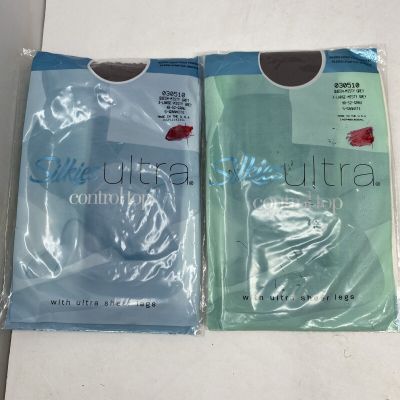 Silkies Ultra Control Top Pantyhose Sheer Legs USA Gray Misty XL Queen ,Lot Of 2